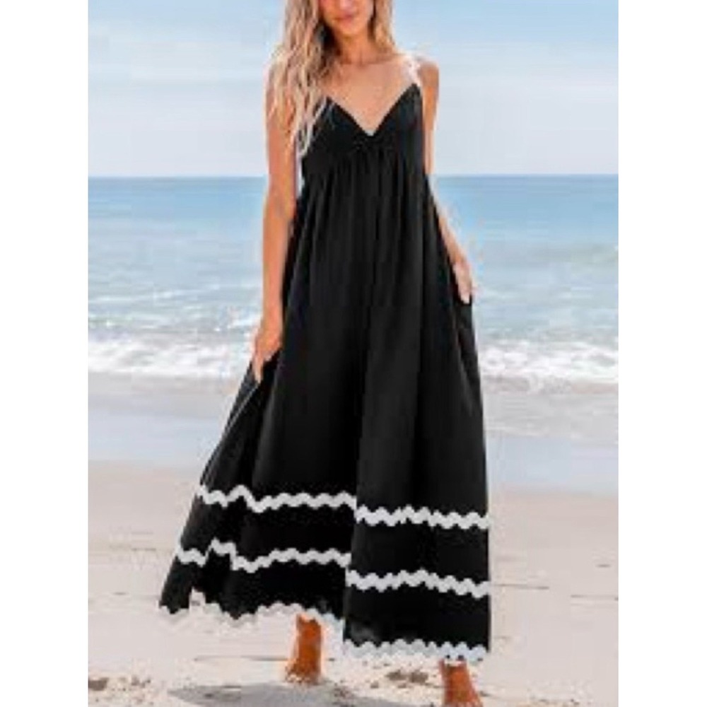 NWT Black White Ric Rac Maxi Dress‎ Size Large Vacation Boho Cupshe
